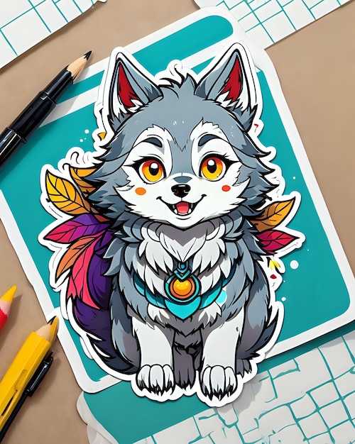 Illustration of a cute Wolf sticker with vibrant colors and a playful expression