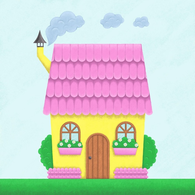 Illustration of the cute yellow house with pink roof and fence on summer day