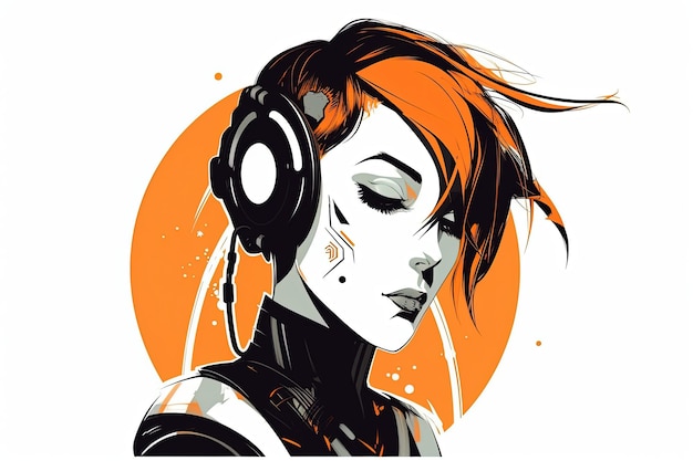 Illustration of a cyberpank girl with headphones listening to music illustration style