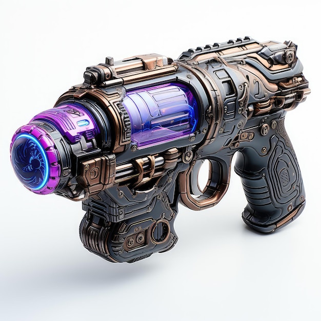 illustration cyberpunk armored laser gun with blue purple color in digital dimension