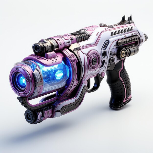 Photo illustration cyberpunk armored laser gun with blue purple color in electronic jungle