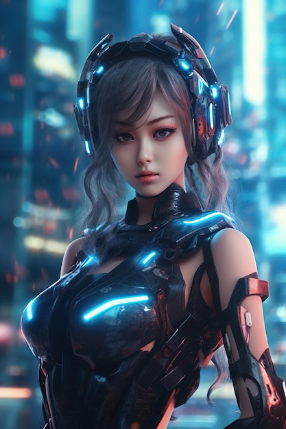 Illustration of a cyborg woman and Ai technology background AI Generated