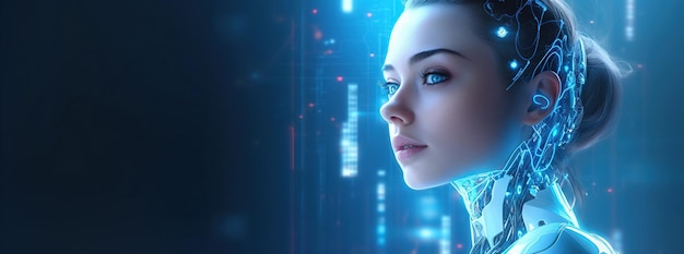 Illustration of a cyborg woman and Ai technology background AI Generated
