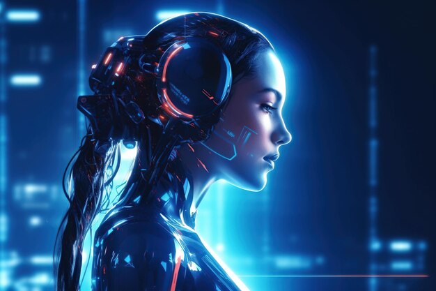 Illustration of a cyborg woman and ai technology background ai generatedxa