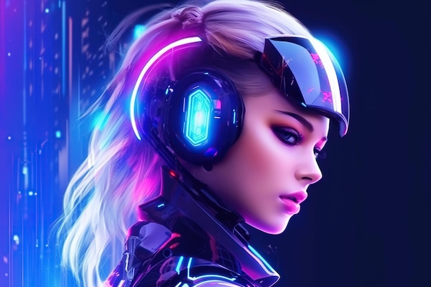Illustration of a cyborg woman and Ai technology background AI GeneratedxA