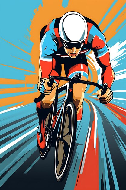 Photo illustration cycling time trial speed and aerodynamics bold color scheme flat 2d sport art poster