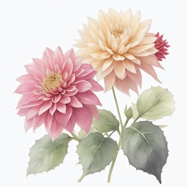 Illustration of dahlia flowers in the style of watercolor on a white background