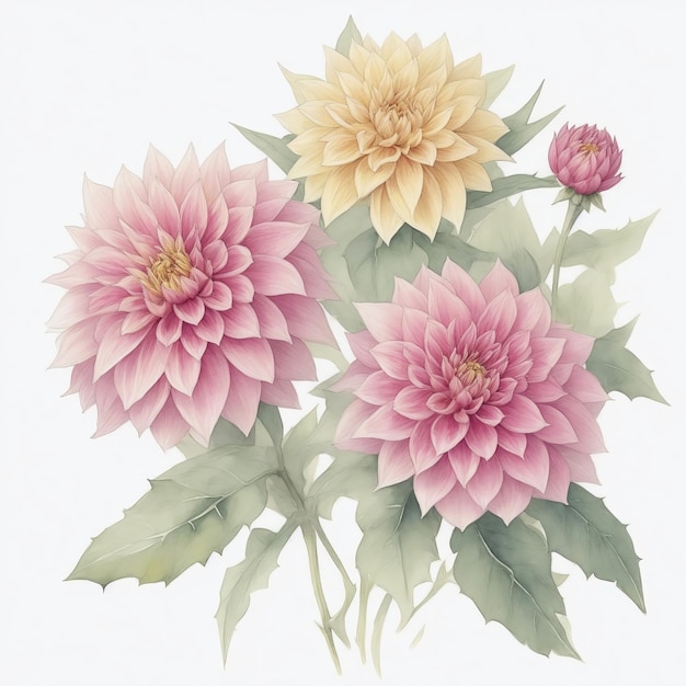 Illustration of dahlia flowers in the style of watercolor on a white background