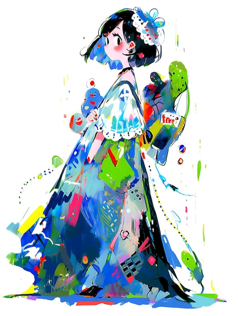 翼を持った踊る女の子のイラスト 色とりどりの人形の画像