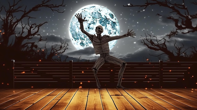 Illustration dancing skeleton against the background of the full moon on a wooden floor Halloween