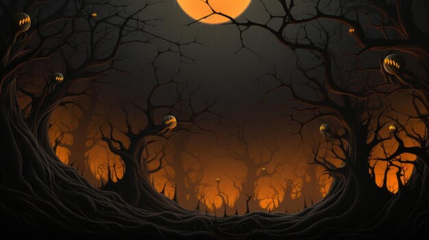 an illustration of a dark forest at night with a full moon in the background