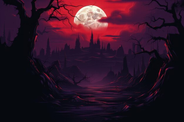 Photo an illustration of a dark forest with a full moon in the background