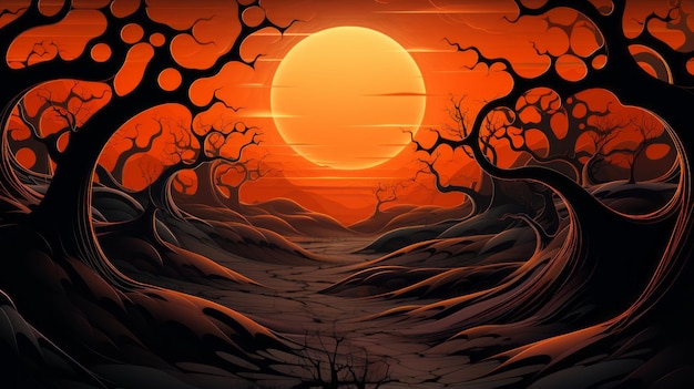 An illustration of a dark forest with an orange sun in the background