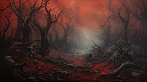 a illustration of a dark forest with red fog