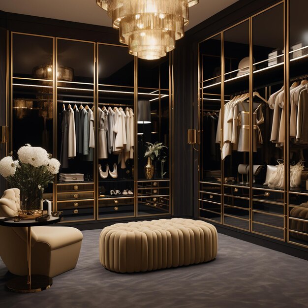 illustration of A dark gold toned dressing room with luxurious and