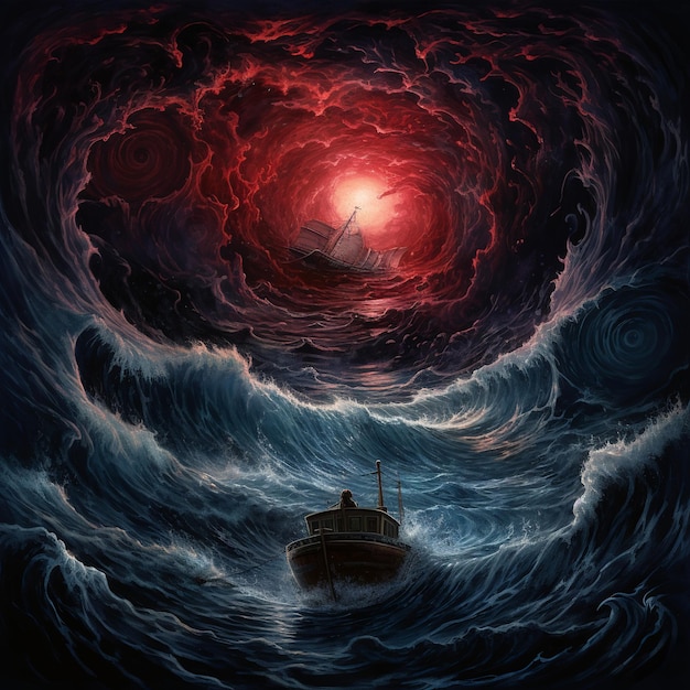 illustration of dark sea with a black hole and ship on it in the