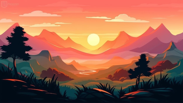 Illustration of dawn in the mountains A picturesque view of the valley Generative AI