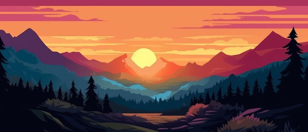 Illustration of dawn in the mountains A picturesque view of the valley Generative AI