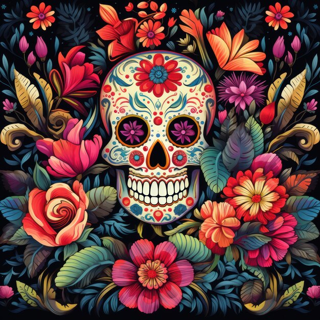 Illustration of Day of the Dead Pattern with skull illustrations prints