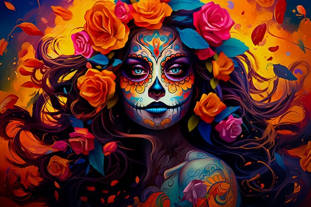 Illustration day of the dead vibrant bright colors