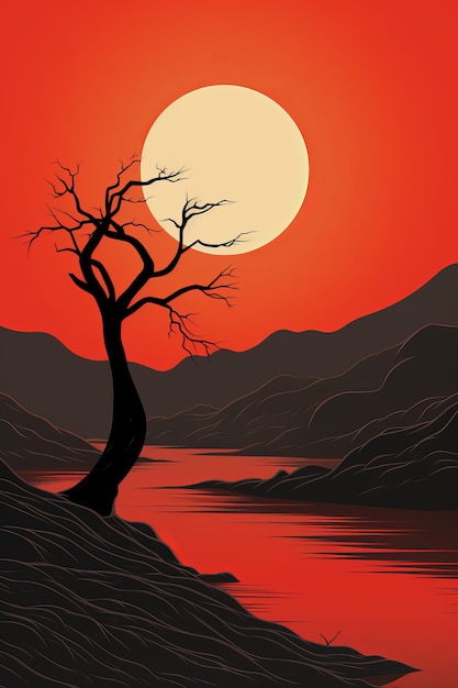 An illustration of a dead tree in front of a sunset