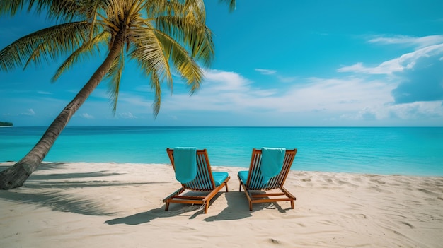 Illustration of deck chairs on sandy beach near palm tree Generative AI