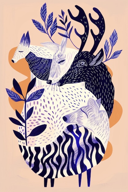 鹿と鹿の子が植物に囲まれたサークルで描かれたイラスト