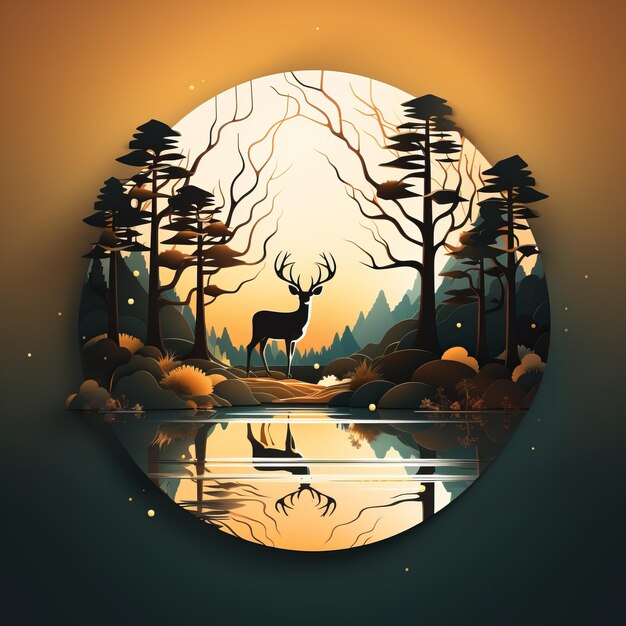Иллюстрация оленя в лесу на закате.