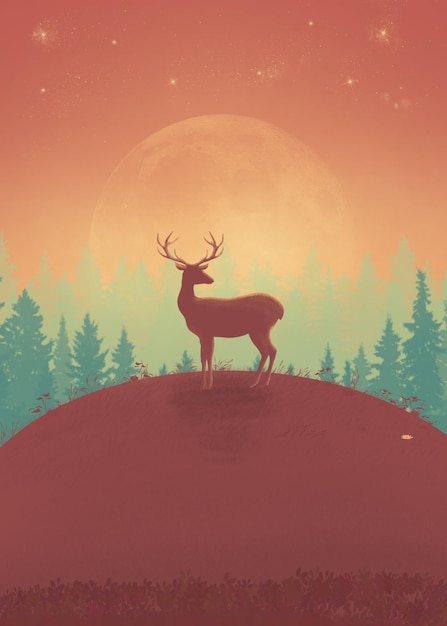 Illustration of a deer on a hill with the moon and fir tree forest in the background