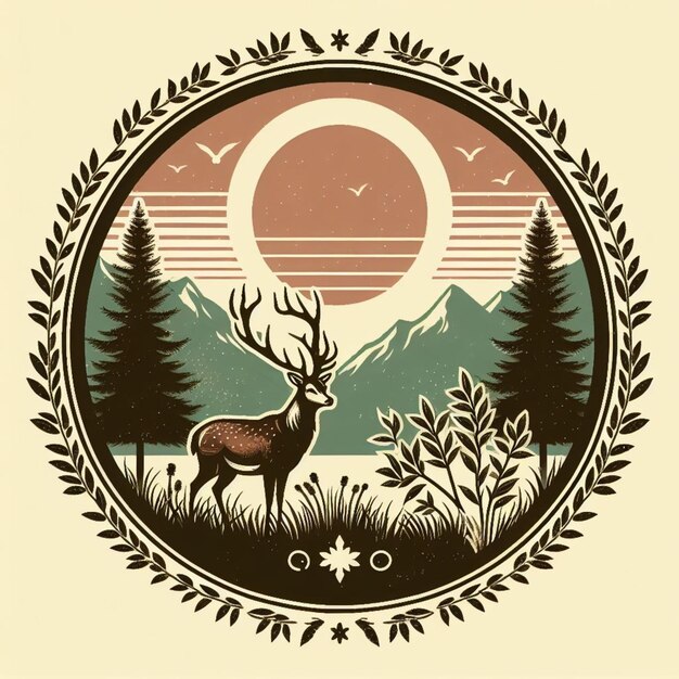 Photo illustration of deer in nature vintage emblem style