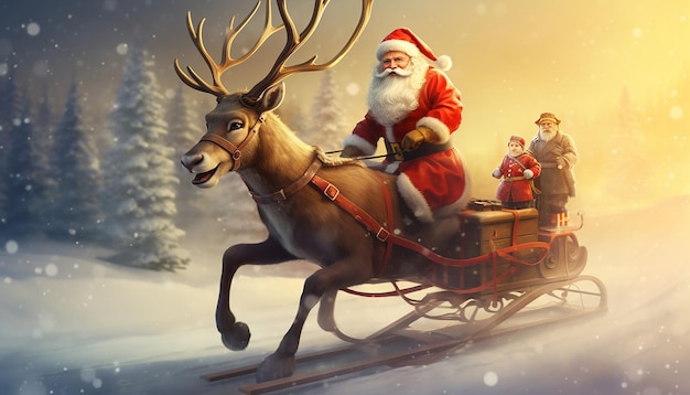 Illustration of a deer riding a sleigh and Santa Claus pulling the sleigh