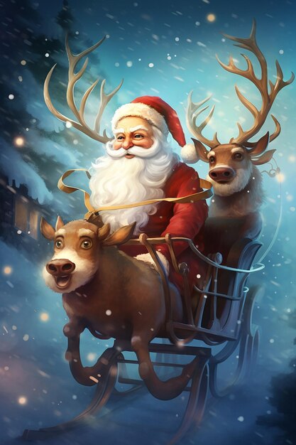 Photo illustration of a deer riding a sleigh and santa claus pulling the sleigh