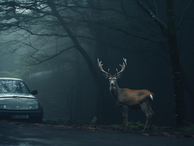 車両の前にある道路沿いの鹿のイラスト