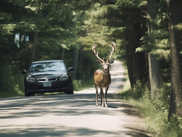 illustration of Deer at roadside before vehicle