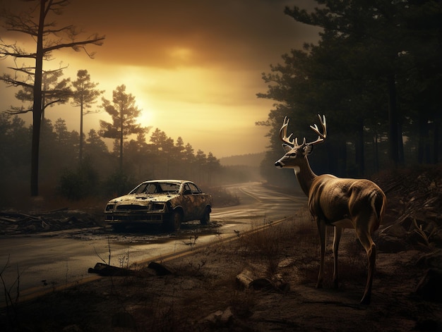 車両の前にある道路沿いの鹿のイラスト