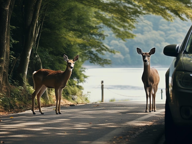 illustration of Deer at roadside before vehicle