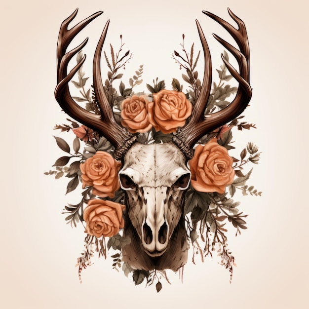 Photo an illustration of a deer skull with roses on it