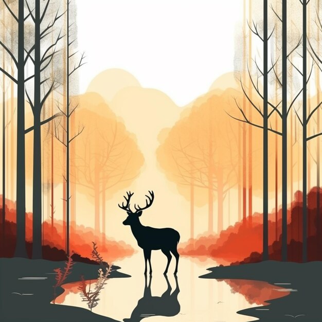 Photo illustration of a deer standing in a forest with a stream generative ai