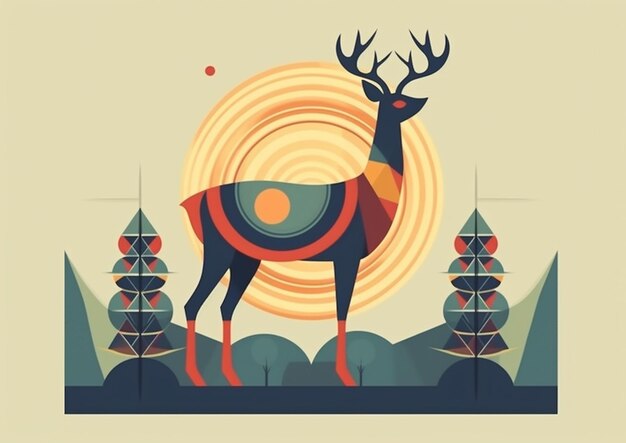 Illustration of a deer with a colorful coat standing in front of a sun generative ai