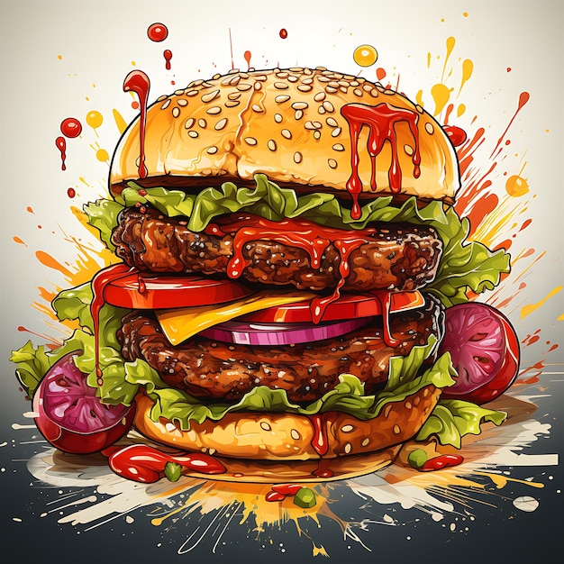 illustration of a delicious bacon cheeseburger in style of banksy colorful