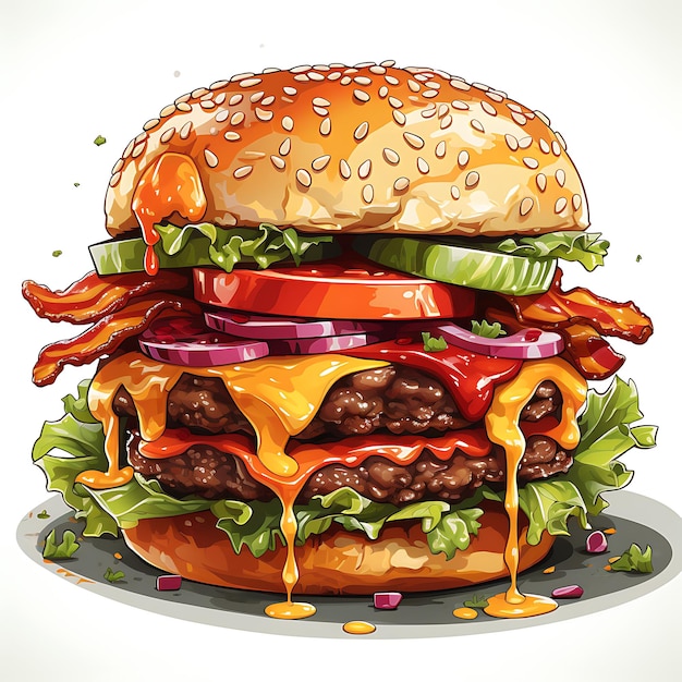 illustration of a delicious bacon cheeseburger with fries colorful