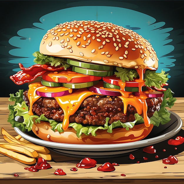 Photo illustration of a delicious bacon cheeseburger with fries colorful