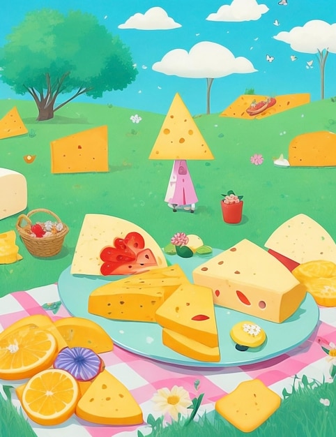 Photo illustration of delicious cheese slices on a lush meadow