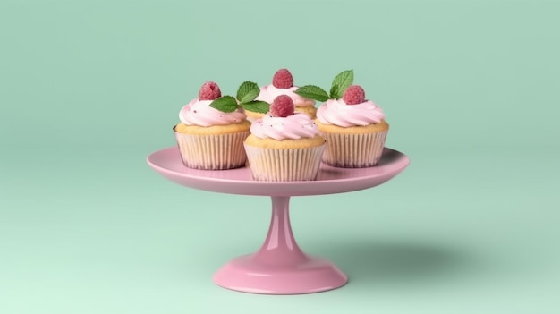 Illustration of delicious cupcakes topped with raspberries and fluffy whipped cream on a cake plate