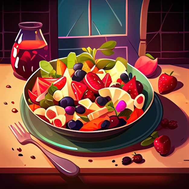 신선한 과일과 딸기를 곁들인 맛있는 샐러드를 테이블 위에 올려 놓은 그림 일련의 음식과