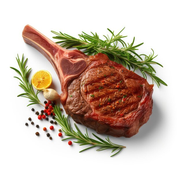 Photo illustration delicious tomahawk steak in white display bg scene