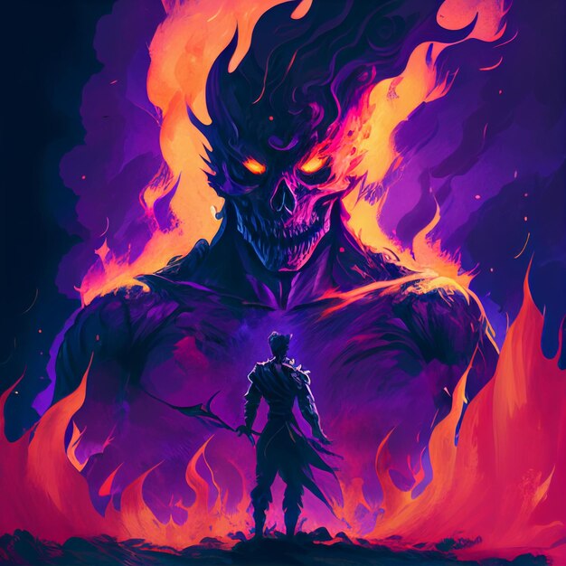 Illustration of a demonic looking man standing in front of a fire generative ai