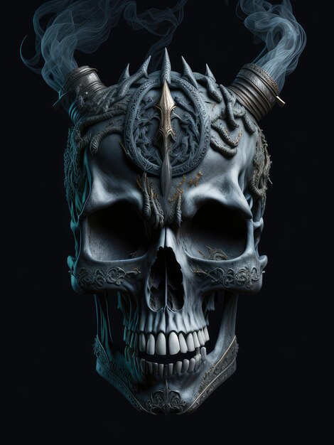 Illustration of a demonic skull with menacing horns created with Generative AI technology