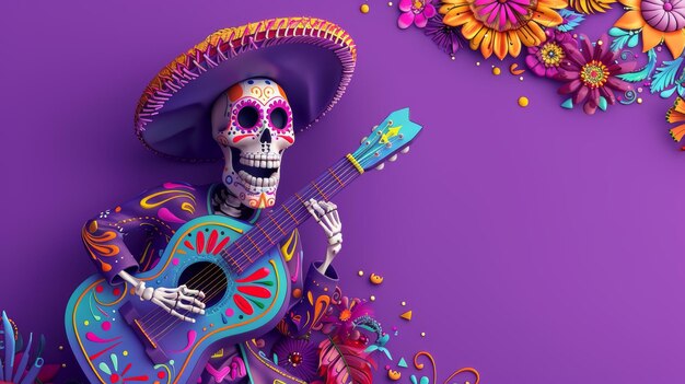 An illustration depicting a 3D skeleton playing guitar on a purple background with doodle design elements