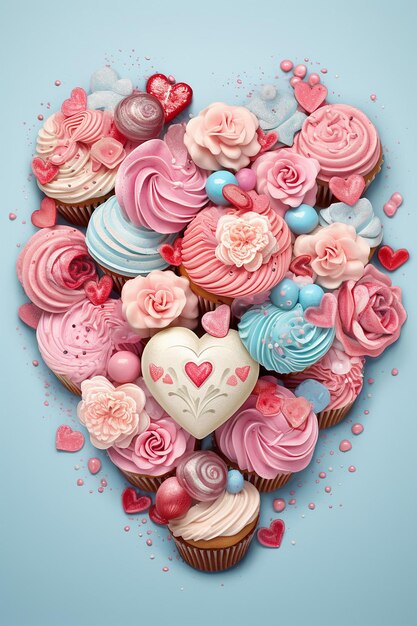 발렌타인 데이 테마의 컵케이크와 과자 배열을 묘사한 일러스트레이션